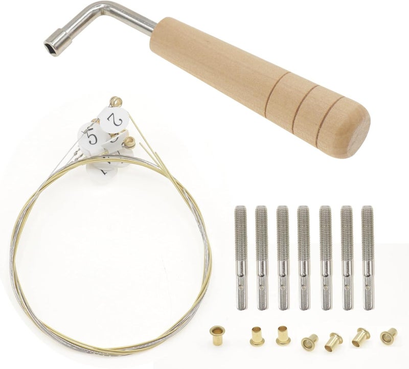 CashBeat Lyre Harp Strings Replacement Kit, 7 Strings, L-Shape Wrench, 7 Tuning Pins with 7 Gold Brass Hollow Rivets, Perfect for Lyre Harp Maintenance and Repair - Image 1